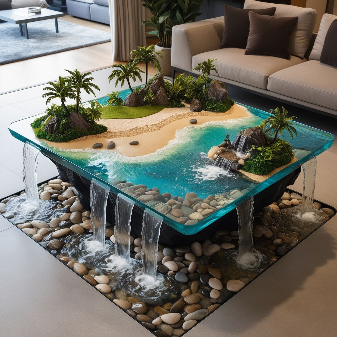 Tropical Island Waterfall Coffee Tables: A Blend of Art, Nature, and Functionality