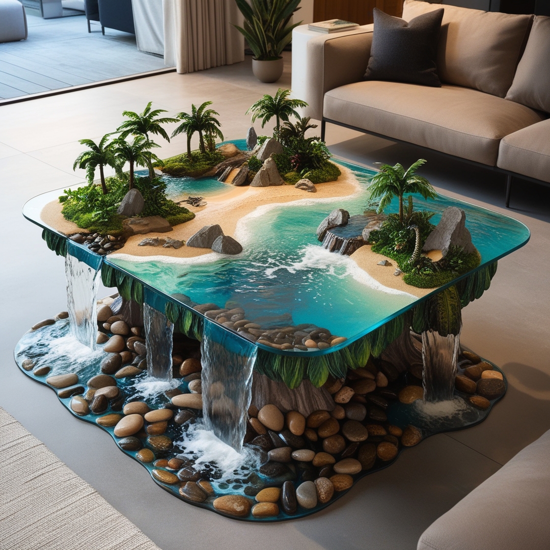 Tropical Island Waterfall Coffee Tables: A Blend of Art, Nature, and Functionality