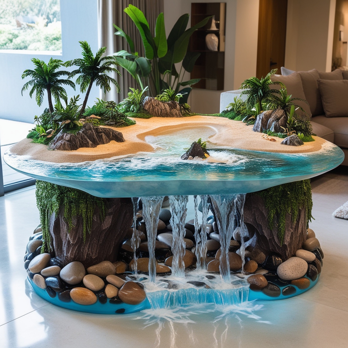 Tropical Island Waterfall Coffee Tables: A Blend of Art, Nature, and Functionality