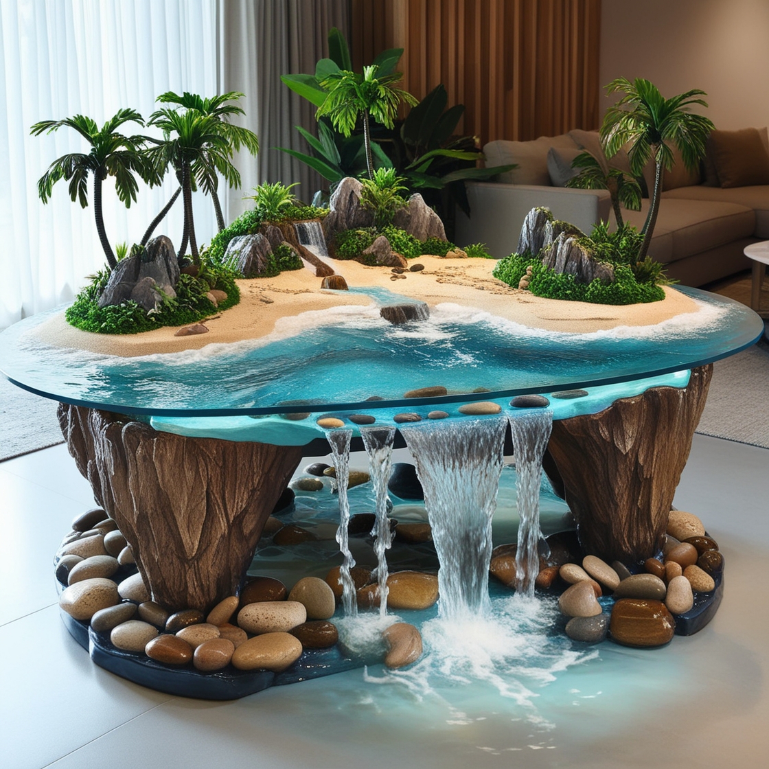 Tropical Island Waterfall Coffee Tables: A Blend of Art, Nature, and Functionality